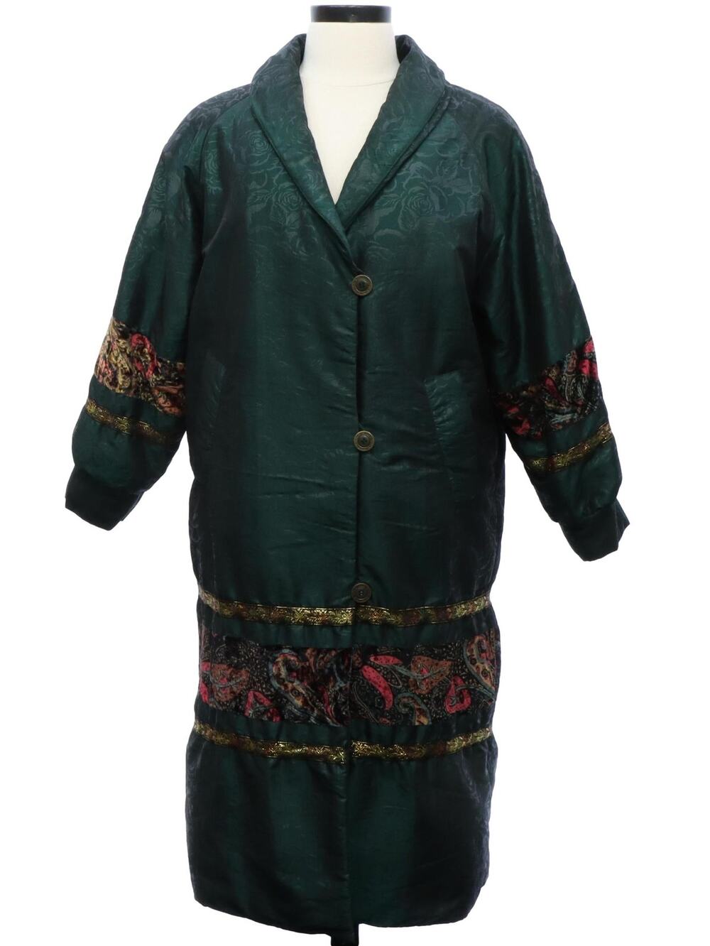 Vintage 80s Long Green Raincoat Jacket Floral Trim Midi Embroidered Women’s XL